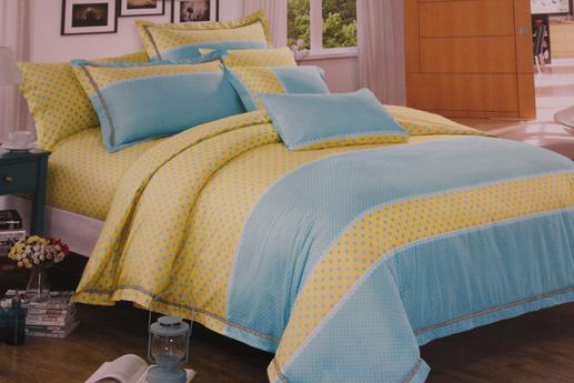 Сатин для постельного белья, горошек, желто-голубая гамма | Textile Plaza