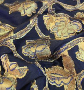 Органза Alberta Ferretti золотий квітковий принт на синьому фоні | Textile Plaza