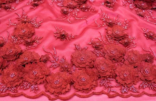 Сітка вишивка, червоні квіти на червоному | Textile Plaza