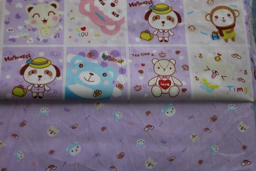 Ткань для постельного сатин, мишки/собачки на сиреневом фоне | Textile Plaza