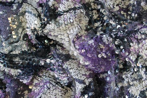 Сетка вышивка, фиолетовые, белые, черные пайетки | Textile Plaza