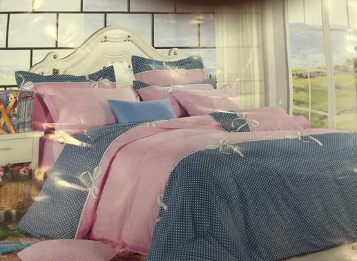 Сатин для постельного белья, горошек/бантики на серо-розовом фоне  | Textile Plaza