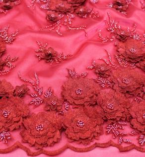 Сетка вышивка, красные цветы на красном | Textile Plaza