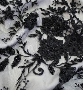 Сітка вишивка, квіти / намистини чорні на білому | Textile Plaza