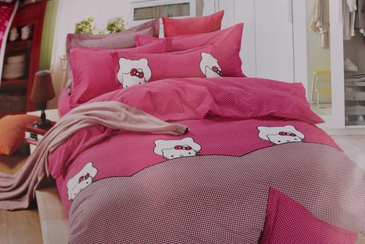Тканина для постільної білизни, Hello Kitty, горошок на рожевому фоні, клітинка. Байка | Textile Plaza