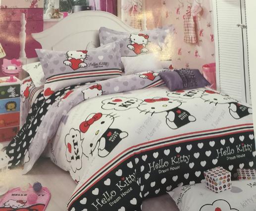 Ткань для пошива постельного белья, Hello Kitty, белый/черный/сиреневый фон | Textile Plaza