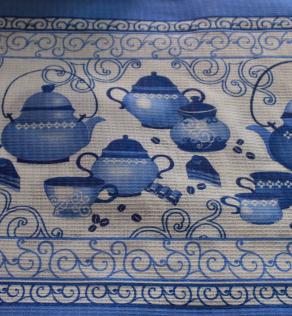 Вафельное полотно, принт чайный набор и узоры в синих тонах | Textile Plaza