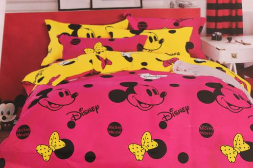 Ткань для постельного белья, Микки Маус на розовом фоне, черный горошек | Textile Plaza