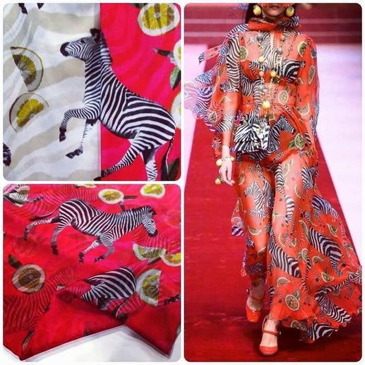Шовк-шифон Dolce&Gabbana принт зебри і лимони на червоному фоні | Textile Plaza