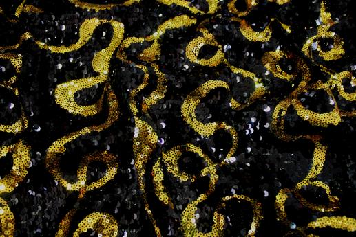 Сітка вишивка паєтками, чорний з золотом, завитки | Textile Plaza