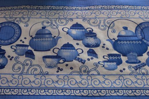 Вафельне полотно, принт чайний набір і візерунки в синіх тонах | Textile Plaza