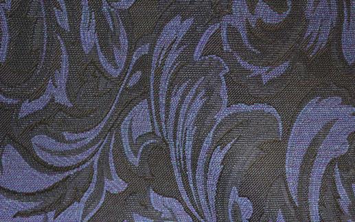 Жаккард костюмный Италия синий лиственный принт на черном фоне | Textile Plaza