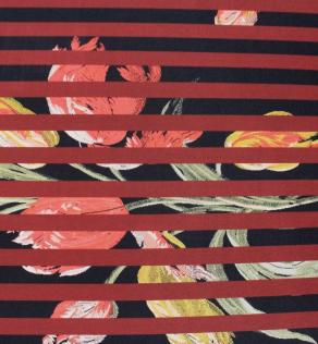 Шовк Італія квітковий принт з червоно-чорними смугами | Textile Plaza