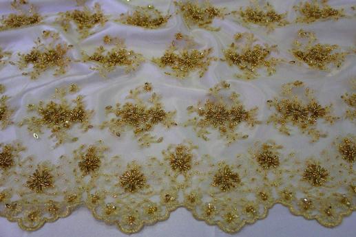 Сетка вышивка золотая с бусинами | Textile Plaza