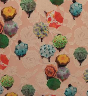 Шифон Урагри парасольки, персиковий фон | Textile Plaza