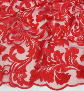 Сетка вышивка, листовой узор, цвет красный | Textile Plaza