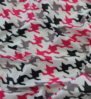 Плащова тканина принт гусяча лапка, чорно-сіро-рожева | Textile Plaza