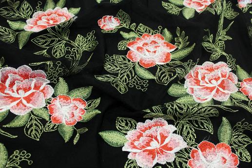 Сетка вышивка розы на черном | Textile Plaza