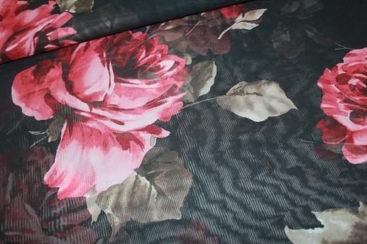 Шифон кольоровий троянди на чорному тлі | Textile Plaza