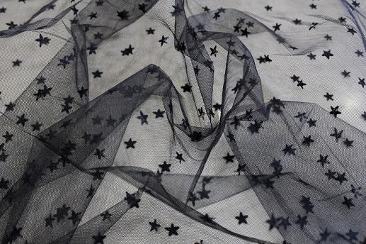 Фатин жаккард флок зірки колір чорний | Textile Plaza