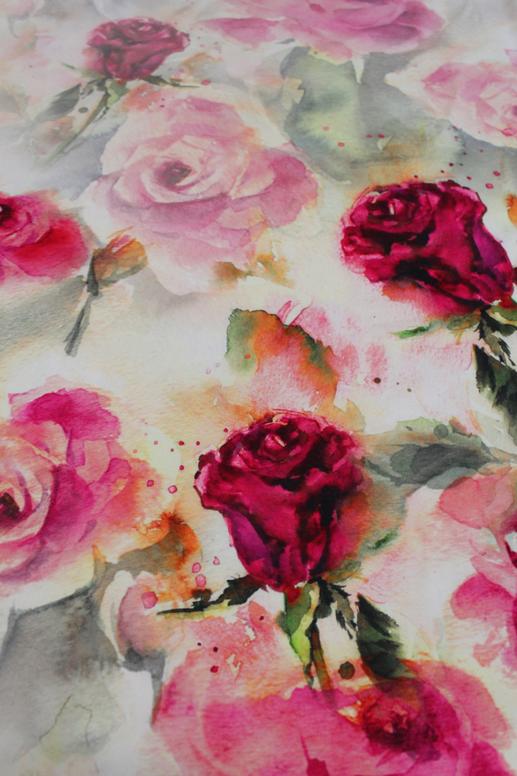 Шелк Италия принт розовые розы на сером акварельном фоне (купон) | Textile Plaza