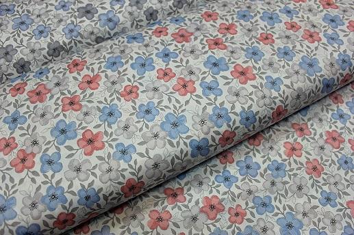 Сатин для постельного белья, серые,голубые и розовые цветы | Textile Plaza
