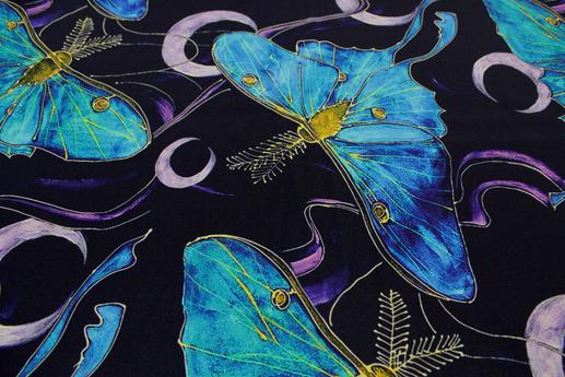 Креп-шовк сині метелики на темно-синьому тлі | Textile Plaza