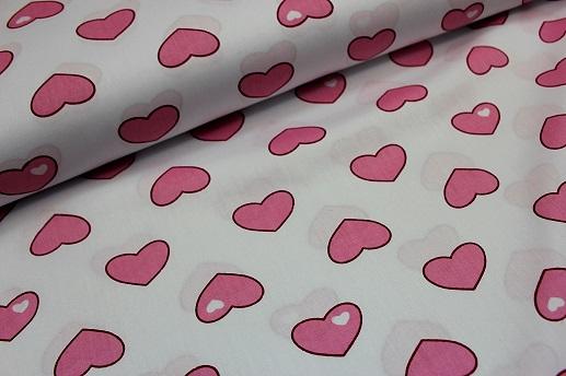 Сатин для постельного белья, крупные розовые сердечки на белом | Textile Plaza