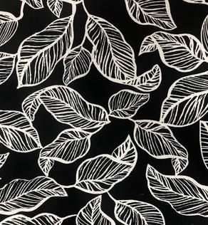 Льон, принт листя на чорному | Textile Plaza