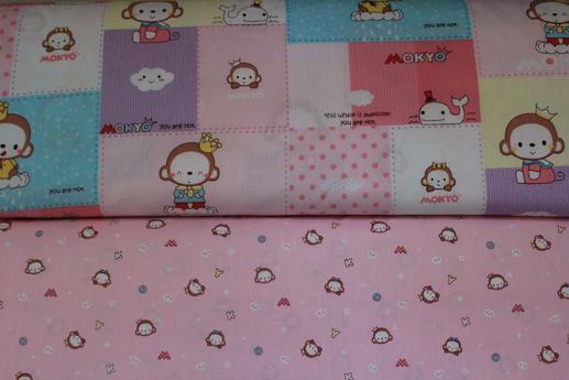 Ткань для детского постельного белья, мелкие обезьянки, розовый фон (компаньон) | Textile Plaza
