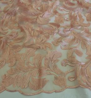 Сетка вышивка, листовой узор, цвет персиковый | Textile Plaza