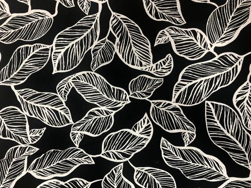 Лен, принт листья на черном | Textile Plaza