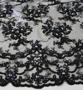 Сетка вышивка, черные цветы/бусины | Textile Plaza