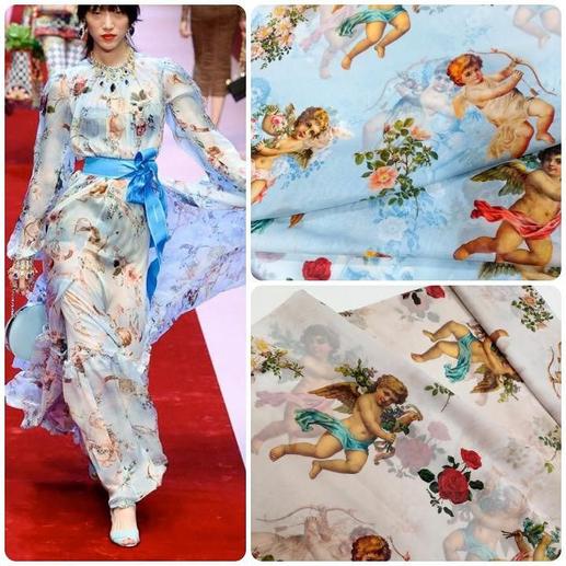 Шелк-шифон Dolce&Gabbana принт ангелочки на голубом фоне | Textile Plaza