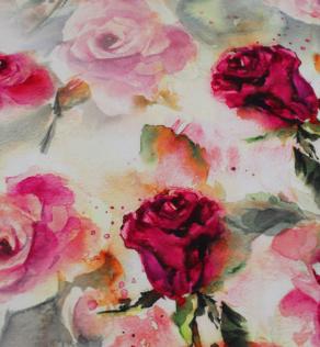 Шелк Италия принт розовые розы на сером акварельном фоне (купон) | Textile Plaza