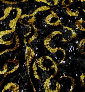 Сетка вышивка пайетками, черный с золотом, завитки | Textile Plaza