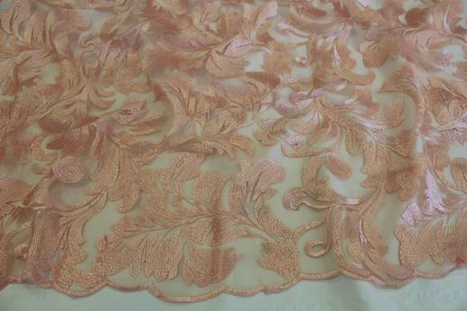Сітка вишивка, листовий візерунок, колір персиковий | Textile Plaza