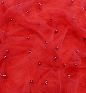 Сетка вышивка красного цвета с жемчугом | Textile Plaza