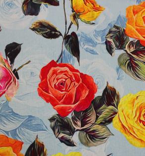 Шелк ARMANI принт яркие розы на голубом фоне | Textile Plaza
