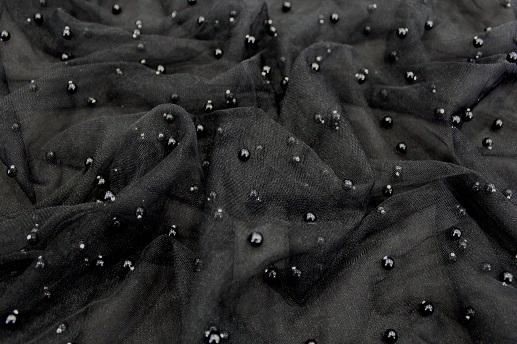 Сітка вишивка чорного кольору з перлами | Textile Plaza