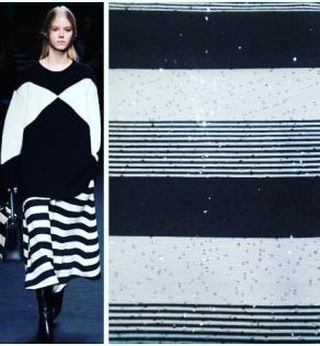 Жаккард костюмный ARMANI принт черно-белые полосы с  паетками | Textile Plaza