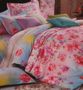 Сатин  для постільної білизни, великі квіти на рожево-голубому фоні | Textile Plaza