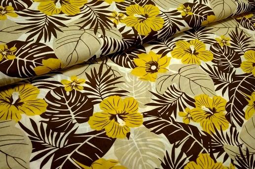 Хлопок принт рубашеный, желто-коричневые цветы | Textile Plaza