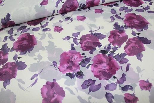 Шифон Windy фиолетовые розы на белом | Textile Plaza