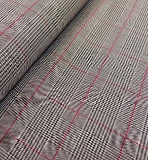 Костюмна тканина Клітинка сіро-бежева з бордовою смужкою | Textile Plaza