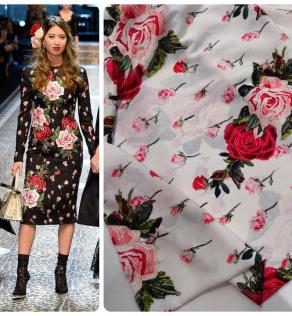 Шелк Dolce&Gabbana принт розы на белом фоне | Textile Plaza