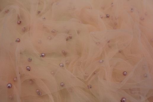 Сітка вишивка з перлами колір ніжно-персиковий | Textile Plaza