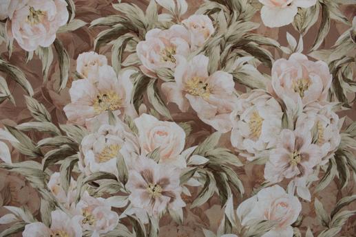 Ткань из натурального шелка с эластаном, цветы, светло-коричневый фон | Textile Plaza