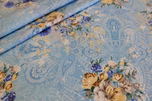 Сатин цветы на голубом | Textile Plaza