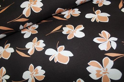 Віскоза штапель принт коричнево-білі квіти чорному тлі | Textile Plaza